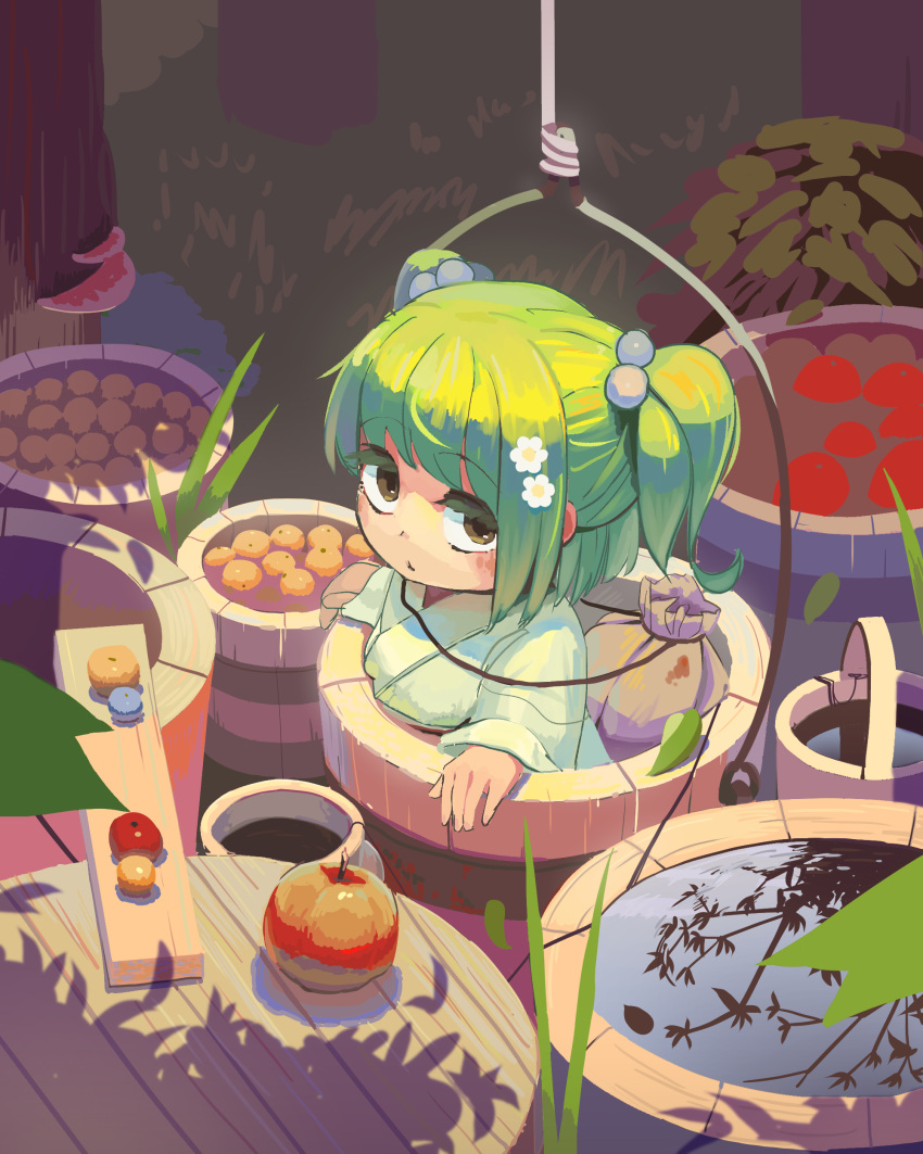 1girl absurdres bag bangs brown_eyes bucket eyebrows_visible_through_hair flower food green_hair hair_bobbles hair_flower hair_ornament highres housulu japanese_clothes kimono kisume looking_at_viewer outdoors short_hair solo touhou tree two_side_up white_flower white_kimono wooden_bucket