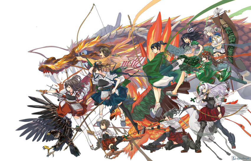 6+girls akagi_(kancolle) amagi_(kancolle) apron armor arrow_(projectile) bird black_hair bow braid breastplate brown_hair crane_(animal) dragon geta green_kimono grey_hair hakama hakama_skirt hawk highres hiryuu_(kancolle) japanese_clothes kaga_(kancolle) kantai_collection katsuragi_(kancolle) kimono long_hair multiple_girls muneate phoenix ponytail shin_guards short_hair shoukaku_(kancolle) simple_background single_braid skirt souryuu_(kancolle) taihou_(kancolle) thigh-highs tora_jun twitter_username unryuu_(kancolle) white_background white_hair zuikaku_(kancolle)