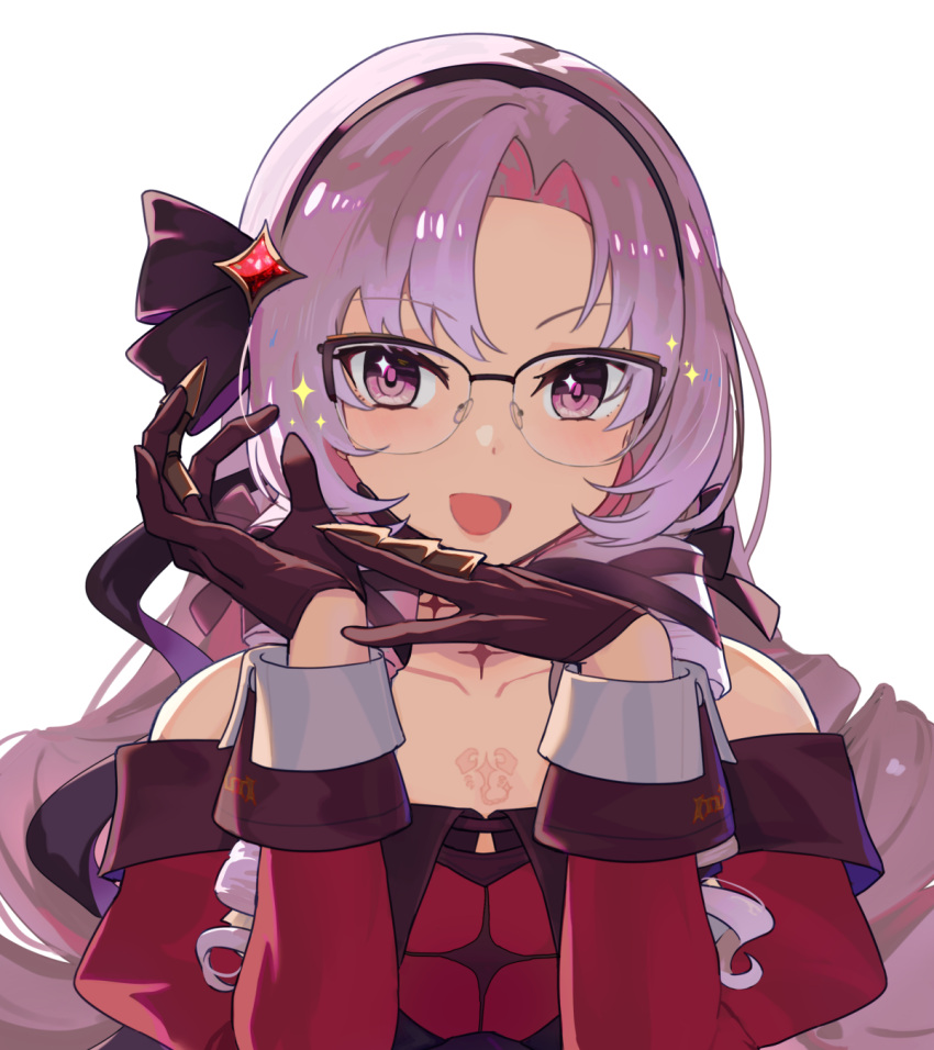 1girl :d bangs bare_shoulders blush brown_gloves chest_tattoo claw_ring dress glasses gloves hair_ornament hair_ribbon hairband hands_up highres hsin hyakumantenbara_salome juliet_sleeves light_purple_hair long_hair long_sleeves looking_at_viewer nijisanji off_shoulder puffy_sleeves purple_ribbon red_dress ribbon simple_background smile solo tattoo upper_body violet_eyes virtual_youtuber white_background