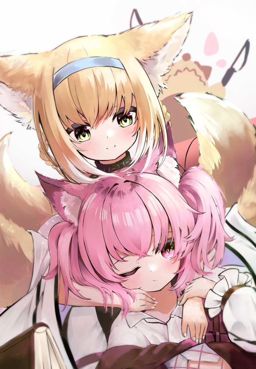 2girls absurdres animal_ears arknights bangs blue_hairband blush braid closed_mouth commentary_request dress eyebrows_visible_through_hair fox_ears fox_girl fox_tail green_eyes grey_background hair_between_eyes hair_rings hairband highres kitsune long_sleeves multiple_girls one_eye_closed pink_hair puffy_long_sleeves puffy_sleeves seijiikeuchi shamare_(arknights) smile suzuran_(arknights) tail twin_braids twintails violet_eyes white_dress