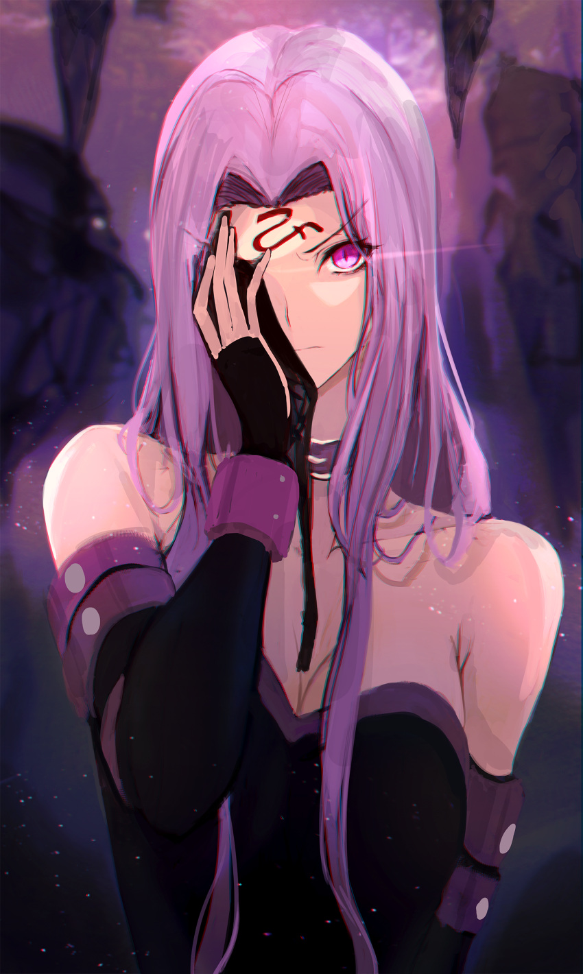 1girl absurdres black_dress black_sleeves blindfold closed_mouth collar detached_sleeves dress eyebrows_visible_through_hair facial_mark fate/grand_order fate/stay_night fate_(series) forehead_mark highres long_hair long_sleeves looking_at_viewer medusa_(fate) medusa_(rider)_(fate) purple_collar purple_hair qazqaz378 short_dress solo square_pupils strapless strapless_dress very_long_hair violet_eyes