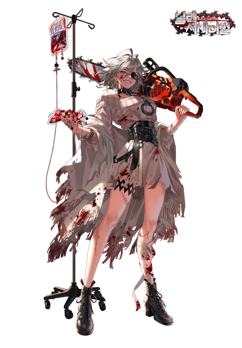 1girl absurdres bandages belt black_survival blood blood_bag blood_on_clothes blood_on_face blood_on_hands boots chainsaw collar copyright_name cuffs dress english_commentary eyepatch full_body grey_hair grin hair_between_eyes highres holding holding_chainsaw intravenous_drip jackie_quilt korean_commentary looking_at_viewer mixed-language_commentary red_eyes scar scar_on_face scar_on_leg sendro short_hair slit_pupils smile solo torn_clothes white_background white_hair