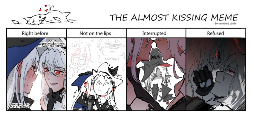 3girls :i absurdres arknights black_gloves black_headwear blush commentary ear_blush english_text gloves glowing glowing_eyes hand_on_another's_chin hands_on_own_face hat heart highres imminent_kiss kiss kiss_chart kissing_cheek multiple_girls multiple_views orca partially_colored pointy_ears pout red_eyes shark skadi_(arknights) smile specter_(arknights) specter_the_unchained_(arknights) sweat symbol-only_commentary upper_body wandering_sarkaz white_hair yuri