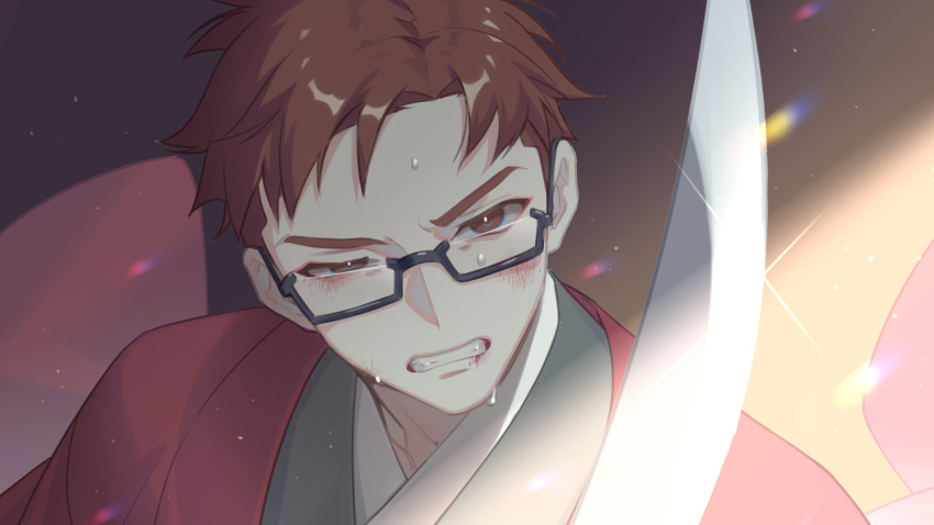 1boy blood blood_on_face brown_eyes brown_hair character_name clenched_teeth cuts genshin_impact highres injury japanese_clothes katana kujou_kamaji looking_at_viewer male_focus nuime_(nuishiron) portrait solo sparkle sweat sword teeth weapon
