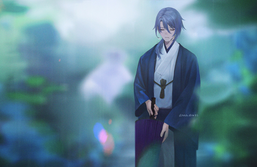 1boy anna_(drw01) bangs blue_hair blurry blurry_background closed_eyes closed_mouth commentary_request day genshin_impact highres holding holding_umbrella japanese_clothes kamisato_ayato long_hair male_focus mole mole_under_mouth outdoors rain solo standing twitter_username umbrella wet wet_hair wide_sleeves