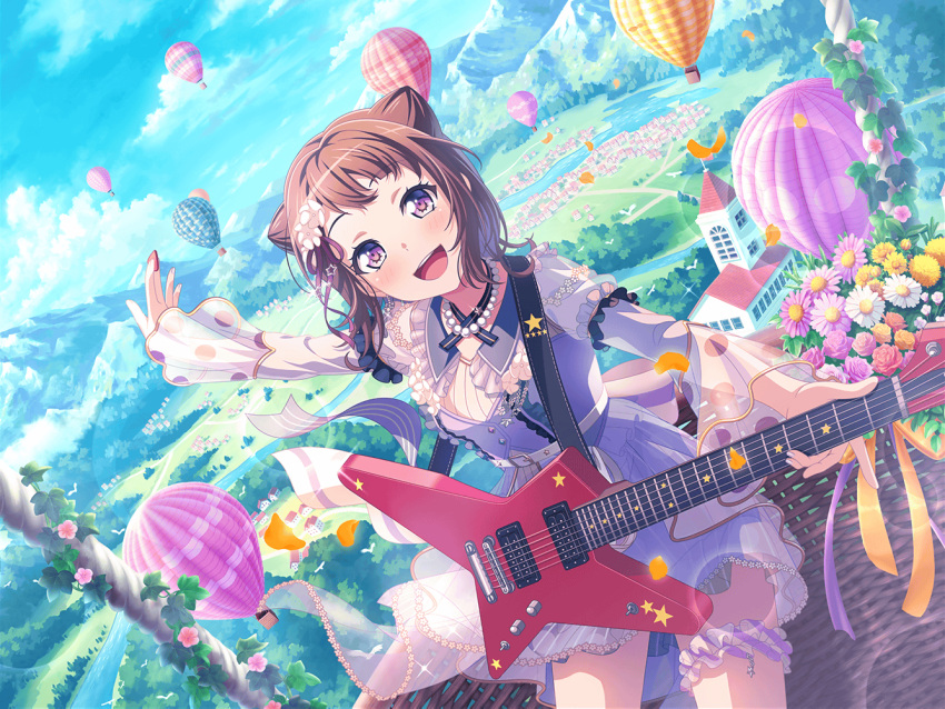 1girl bang_dream! blush brown_hair city day dress flower_hair_ornament grass guitar hair_flower holding_instrument hot_air_balloon looking_at_viewer mountain mountainous_horizon official_art open_mouth petals short_hair smile solo toyama_kasumi village violet_eyes