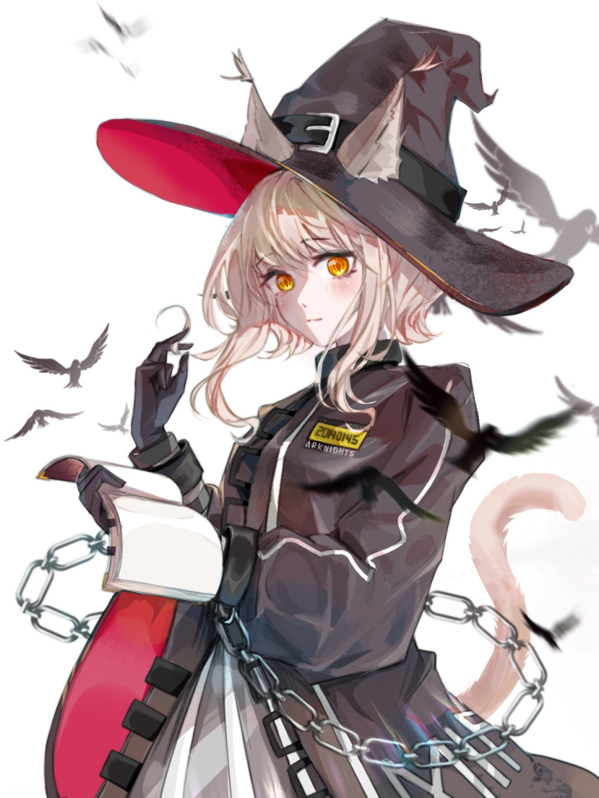 1girl animal_ears arknights bangs bird black_dress black_gloves black_headwear blonde_hair blush book cat_ears cat_tail chain commentary_request cuffs dress ears_through_headwear eyebrows_visible_through_hair gloves hand_up hat haze_(arknights) highres holding holding_book long_sleeves looking_at_viewer qianmianhaishiniertiana shackles short_hair simple_background solo tail upper_body white_background witch_hat yellow_eyes