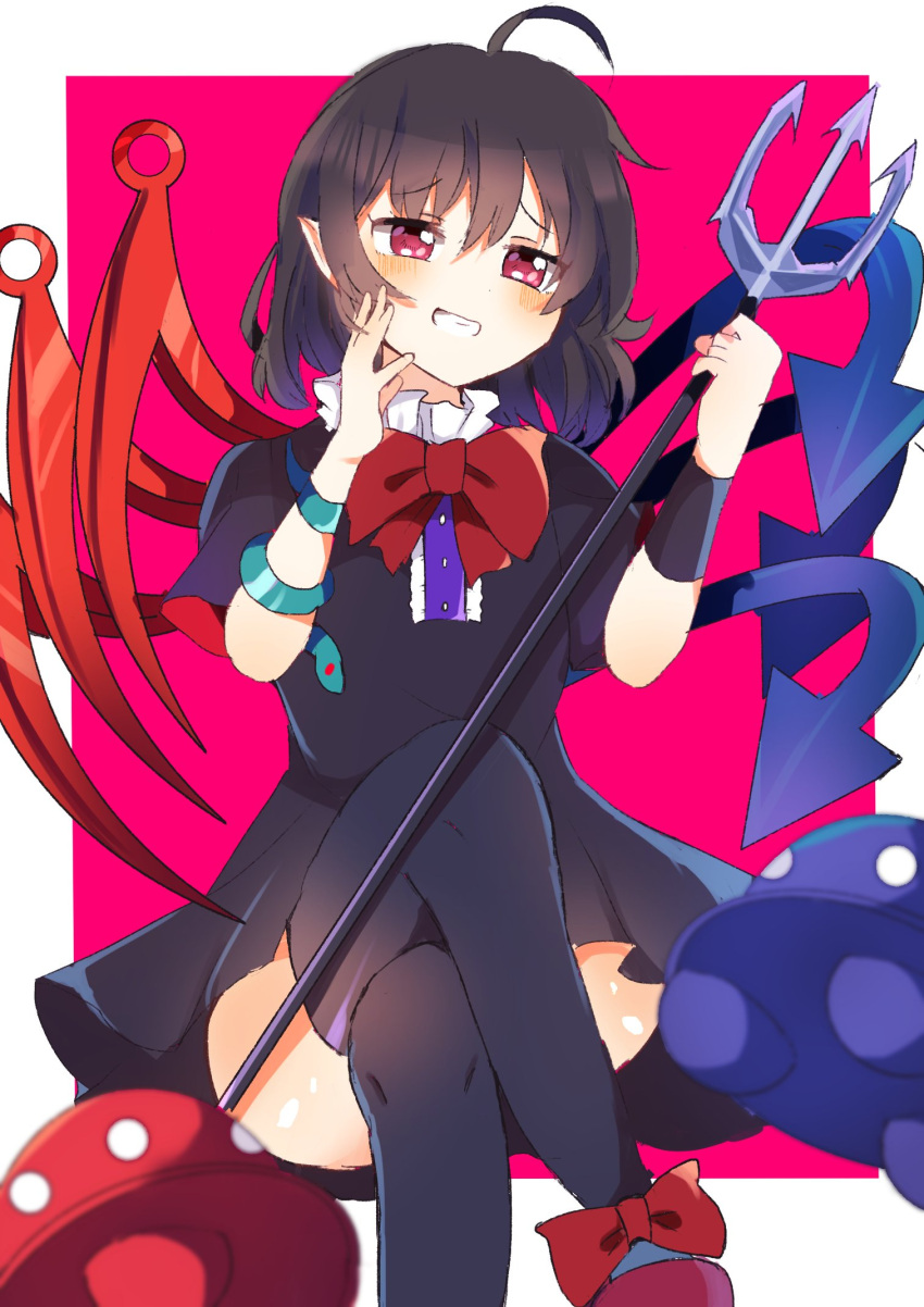 1girl asymmetrical_wings black_dress black_hair black_legwear blue_wings blush bow bowtie buttons center_frills crossed_legs dress footwear_bow frilled_dress frills grin highres holding holding_polearm holding_weapon houjuu_nue mary_janes pointy_ears polearm red_bow red_bowtie red_eyes red_footwear red_wings shoes short_dress short_hair short_sleeves sitting smile snake thigh-highs touhou trident ufo weapon wings wristband zeroko-san_(nuclear_f)