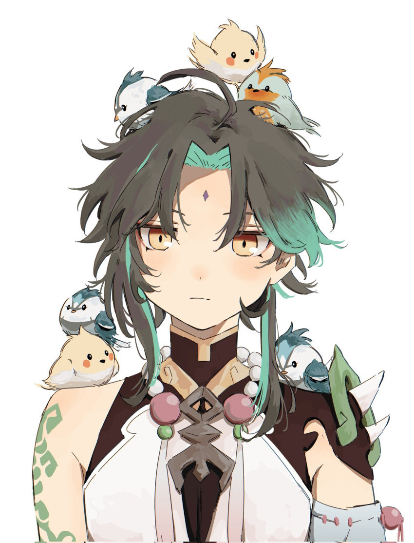 1boy ahoge animal_on_head animal_on_shoulder arm_tattoo bangs bead_necklace beads bird bird_on_head bird_on_shoulder black_hair commentary expressionless facial_mark forehead_mark g_8291 genshin_impact green_hair highres jewelry looking_at_viewer male_focus multicolored_hair necklace on_head parted_bangs portrait short_hair simple_background single_bare_shoulder solo symbol-only_commentary tattoo two-tone_hair white_background xiao_(genshin_impact) yellow_eyes