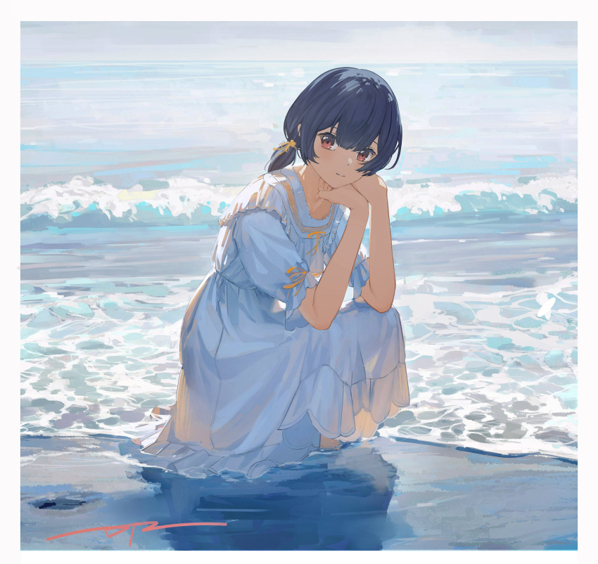 1girl absurdres bangs black_hair closed_mouth da_tengzi dress frilled_dress frills full_body hand_on_own_cheek hand_on_own_face happy highres looking_at_viewer ocean original puffy_short_sleeves puffy_sleeves red_eyes short_sleeves smile soaking_feet solo squatting sundress symbol-only_commentary water white_dress