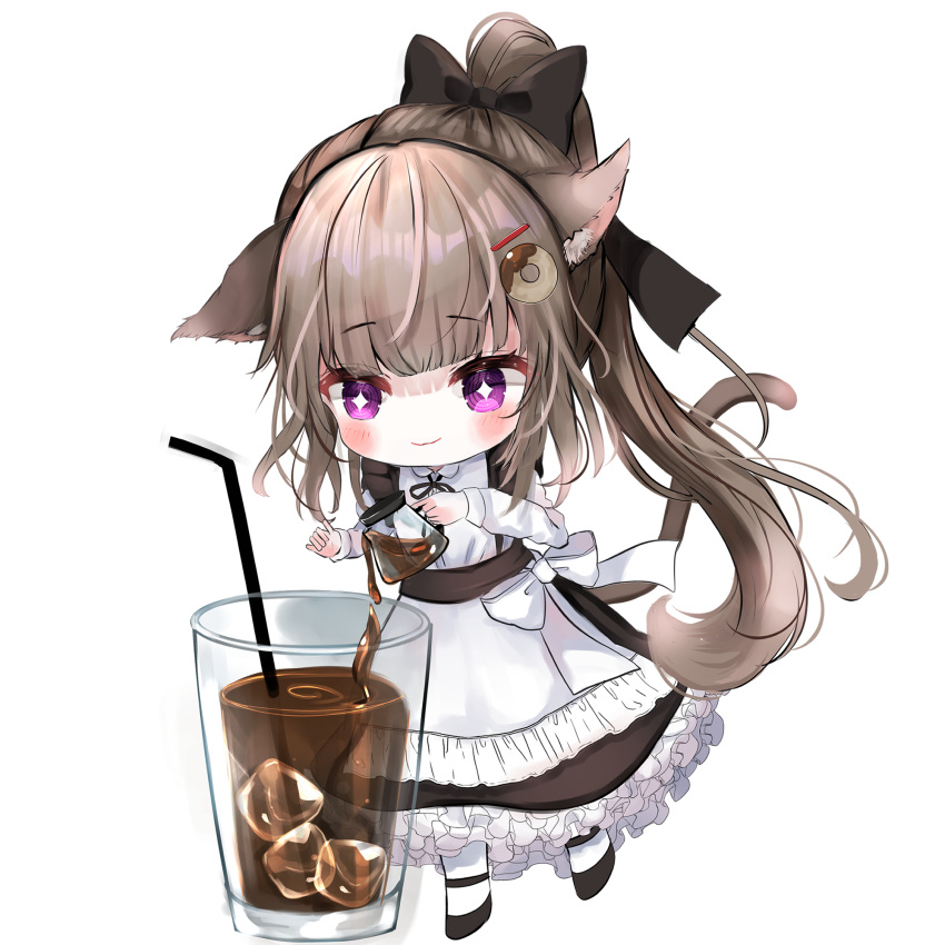 +_+ 1girl animal_ears bangs blush bow brown_hair cat_ears cat_tail chibi cup drinking_glass drinking_straw eyebrows_visible_through_hair frills hair_bow hair_ornament highres ice ice_cube long_hair maid open_mouth original ponytail sakura_mochiko solo tail transparent_background very_long_hair violet_eyes white_background