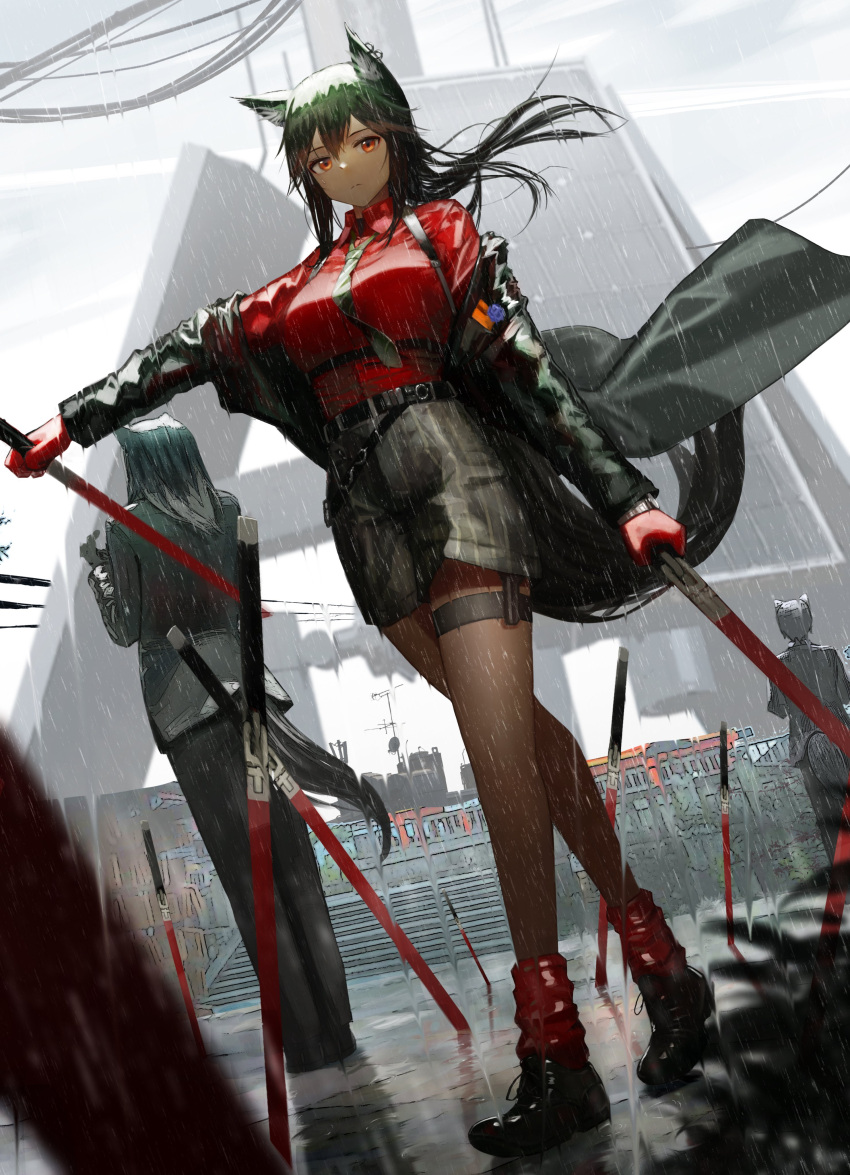 1girl 2others absurdres animal_ears arknights belt black_legwear breasts formal ganet_p gloves highres holding holding_sword holding_weapon long_hair looking_at_viewer multiple_others necktie rain red_eyes red_gloves shorts solo_focus suit suspenders sword tail texas_(arknights) texas_(willpower)_(arknights) thigh_strap weapon wolf_ears wolf_girl wolf_tail