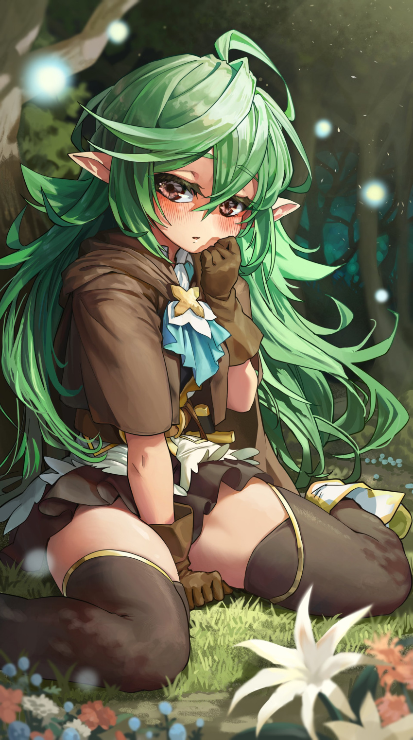 1girl absurdres ahoge between_legs black_legwear blush brown_gloves capelet commission flower foot_out_of_frame forest gloves gold_trim green_hair hair_between_eyes hand_between_legs hand_up highres long_hair looking_at_viewer melaton nature original outdoors pink_flower pointy_ears sitting skeb_commission skirt solo thigh-highs thighs very_long_hair wariza white_flower