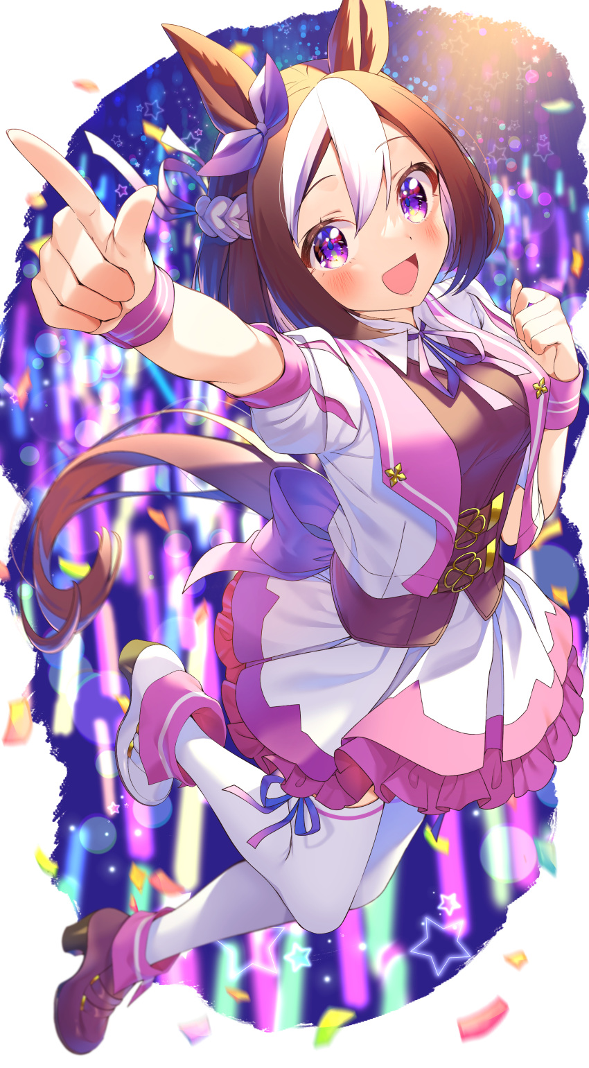 1girl :d absurdres animal_ears ankle_boots bob_cut boots bow breasts brown_hair commentary confetti foreshortening full_body hair_between_eyes hair_bow high_heel_boots high_heels highres horse_ears horse_girl horse_tail jacket leg_up light_stick looking_at_viewer medium_breasts miniskirt multicolored_hair neck_ribbon open_clothes open_jacket pointing purple_bow purple_ribbon purple_wristband ribbon short_hair skirt smile solo special_week_(umamusume) streaked_hair tail thigh-highs umamusume violet_eyes white_hair white_jacket white_legwear white_skirt wotagei wristband yupiteru