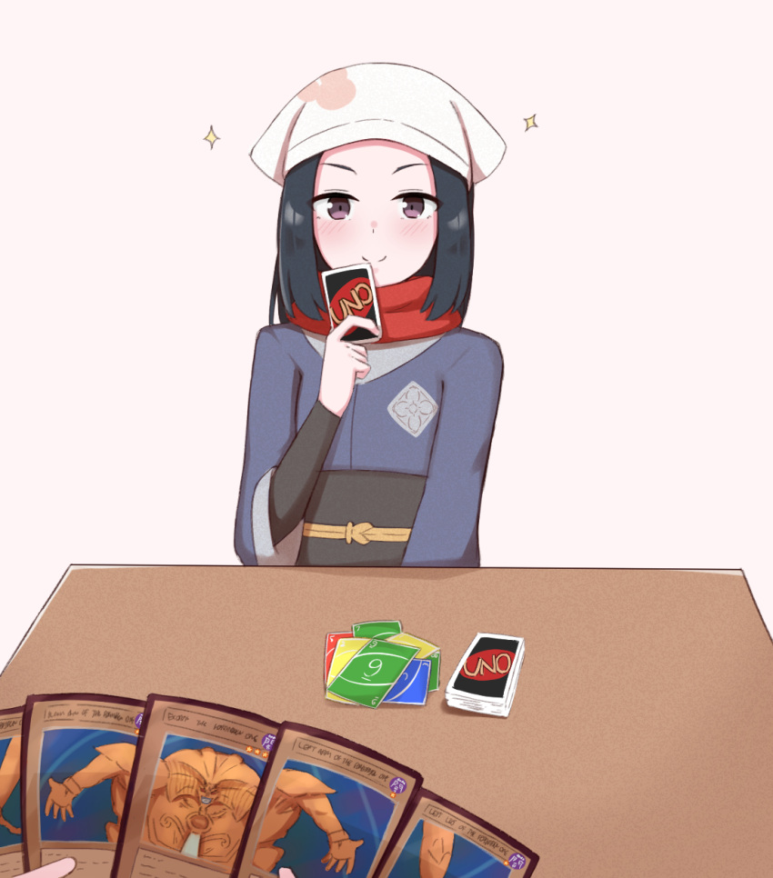 1girl akari_(pokemon) black_hair brown_eyes card chirun0 closed_mouth english_commentary exodia_the_forbidden_one galaxy_expedition_team_survey_corps_uniform head_scarf highres long_hair pokemon pokemon_(game) pokemon_legends:_arceus pov pov_across_table pov_hands red_scarf scarf smile uno_(game) yu-gi-oh!