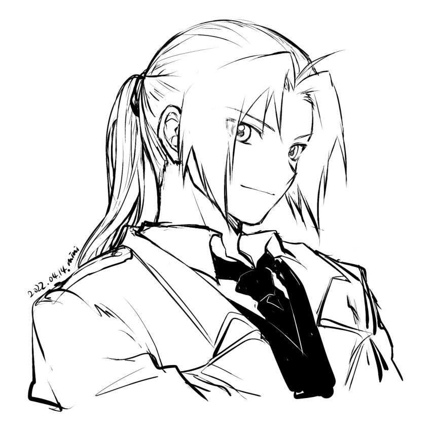 1boy 2022 ahoge closed_mouth coat cropped_torso dated edward_elric fullmetal_alchemist greyscale hair_intakes highres long_hair male_focus mini_(pixiv6327751) monochrome necktie ponytail simple_background sketch smile solo upper_body vest white_background wing_collar