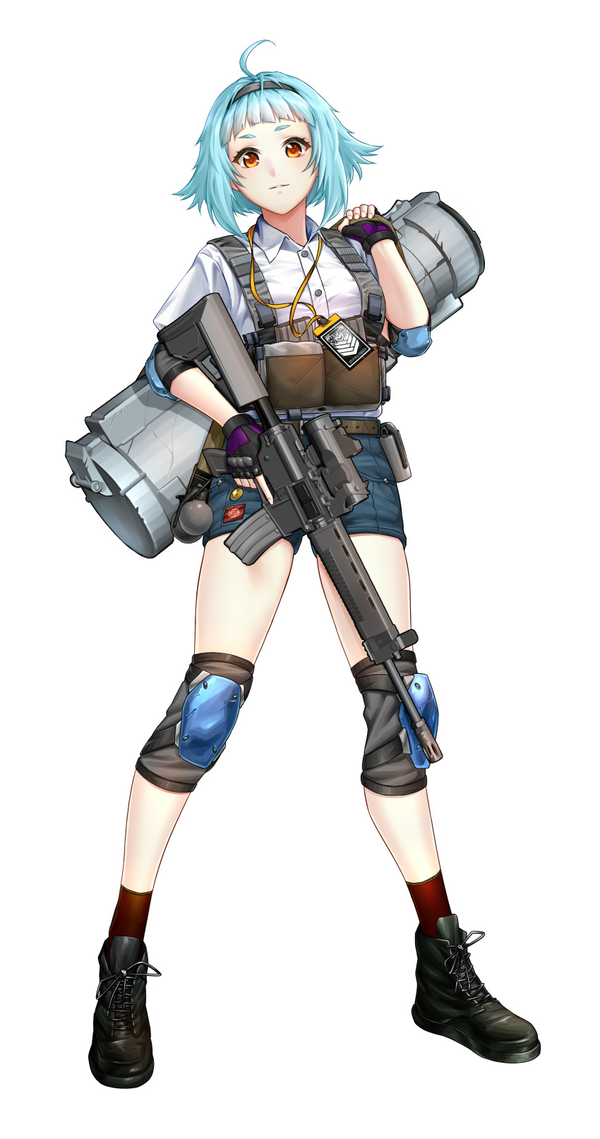 1119288552 1girl absurdres assault_rifle boots combat_boots denim denim_shorts explosive fingerless_gloves flashbang girls_frontline gloves grenade gun highres holding holding_gun holding_weapon knee_pads rifle second-party_source short_hair shorts solo t91_(girls'_frontline) t91_assault_rifle trigger_discipline weapon weapon_request white_background yellow_eyes