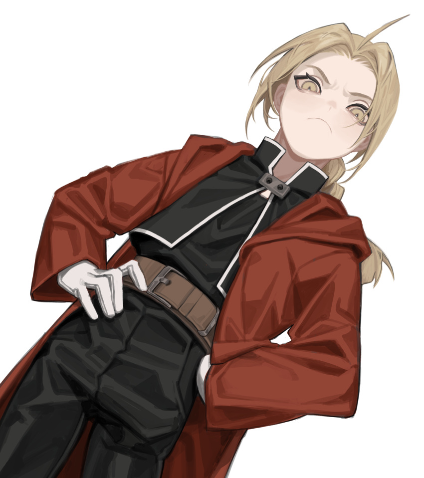 1boy absurdres ahoge bangs belt black_jacket black_pants black_shirt blonde_hair braid braided_ponytail cbow coat cowboy_shot dutch_angle edward_elric frown fullmetal_alchemist furrowed_brow gloves hands_on_hips highres hooded_coat jacket long_hair long_sleeves looking_at_viewer looking_down male_focus open_clothes open_coat pants parted_bangs red_coat shirt simple_background single_braid solo standing white_background white_gloves yellow_eyes