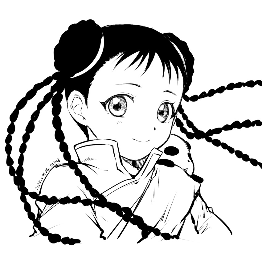 1girl 2022 animal_on_shoulder braid closed_mouth cropped_torso dated floating_hair fullmetal_alchemist greyscale hair_bun highres long_hair looking_at_viewer may_chang mini_(pixiv6327751) monochrome panda portrait simple_background sketch smile solo white_background xiao-mei