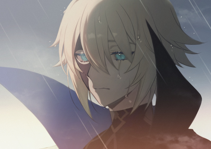 1boy absurdres aqua_eyes bangs black_mask closed_mouth clouds cloudy_sky dainsleif_(genshin_impact) genshin_impact half_mask high_collar highres looking_at_viewer male_focus mask mask_over_one_eye nuime_(nuishiron) outdoors portrait rain sky solo symbol-shaped_pupils wet