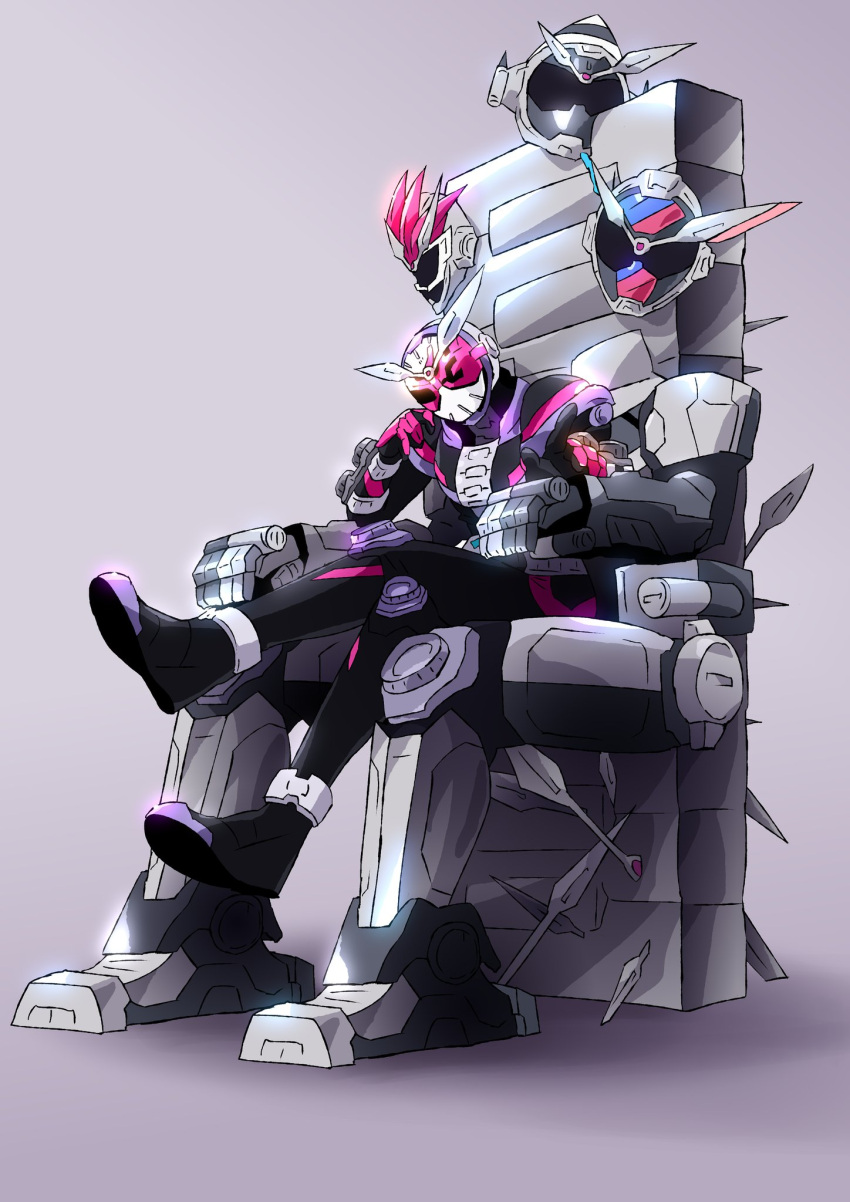 1boy astronaut base_states black_footwear build_armor chain clock_hands crossed_legs ex-aid_armor fourze_armor helmet highres index_finger_raised kamen_rider kamen_rider_zi-o kamen_rider_zi-o_(series) katakana mighty_action_x_level_2 otokamu pink_eyes pink_hair rabbit+tank_form red_armor rocket sitting solo throne vambraces watch