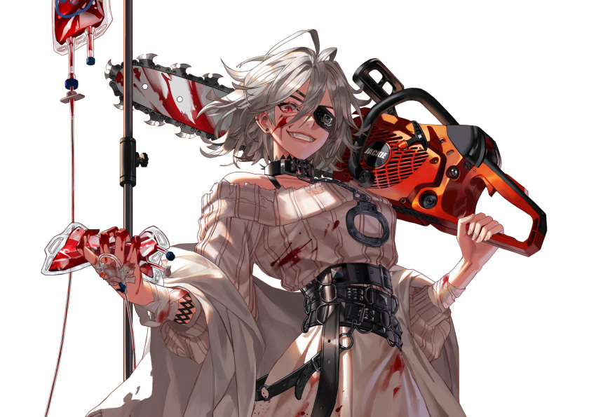 1girl bandages belt black_survival blood blood_bag blood_on_clothes blood_on_face blood_on_hands chainsaw collar cowboy_shot cuffs dress english_commentary eyepatch grey_hair grin hair_between_eyes highres holding holding_chainsaw intravenous_drip jackie_quilt korean_commentary looking_at_viewer mixed-language_commentary red_eyes scar scar_on_face sendro short_hair slit_pupils smile solo torn_clothes white_background white_hair