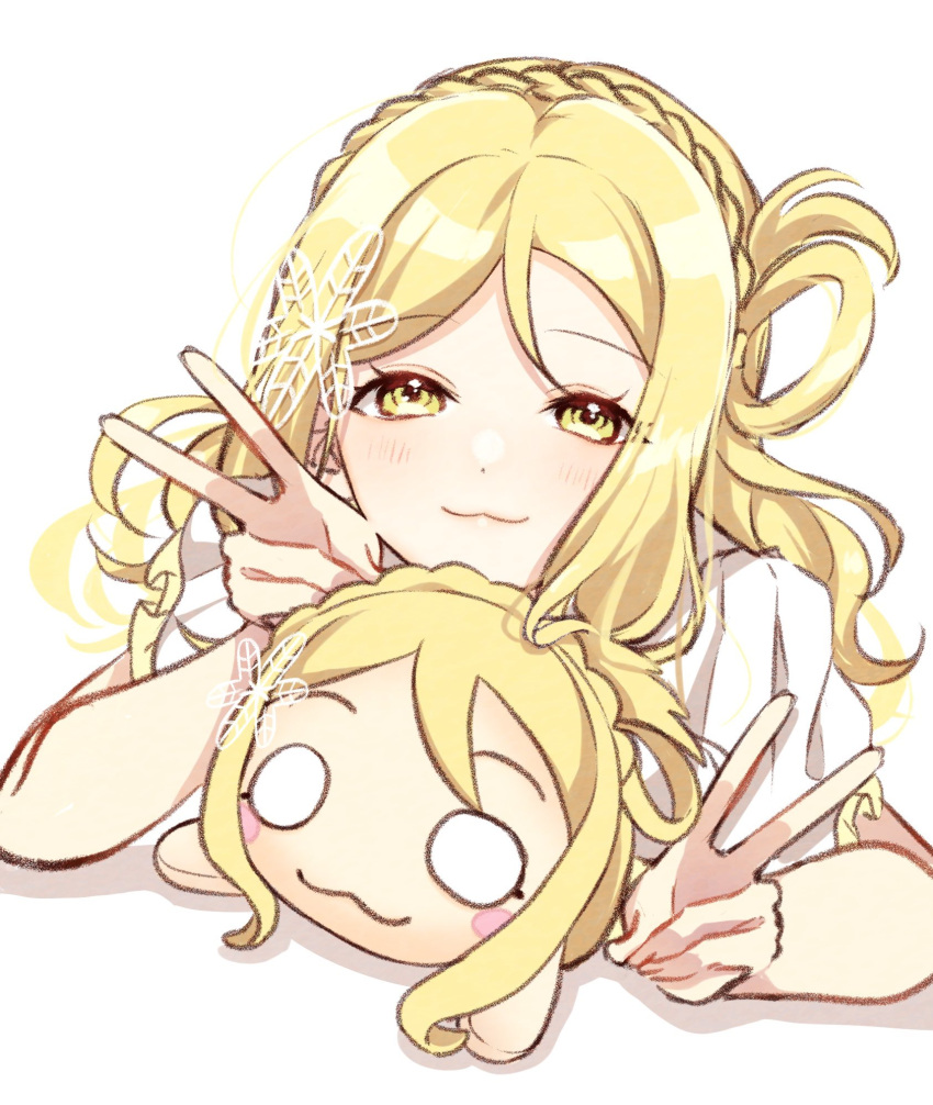 1girl :3 bangs blonde_hair braid crown_braid double_v hair_ornament hair_rings highres looking_at_viewer love_live! love_live!_sunshine!! nesoberi nky4321 ohara_mari simple_background solo stuffed_toy swept_bangs upper_body v white_background yellow_eyes