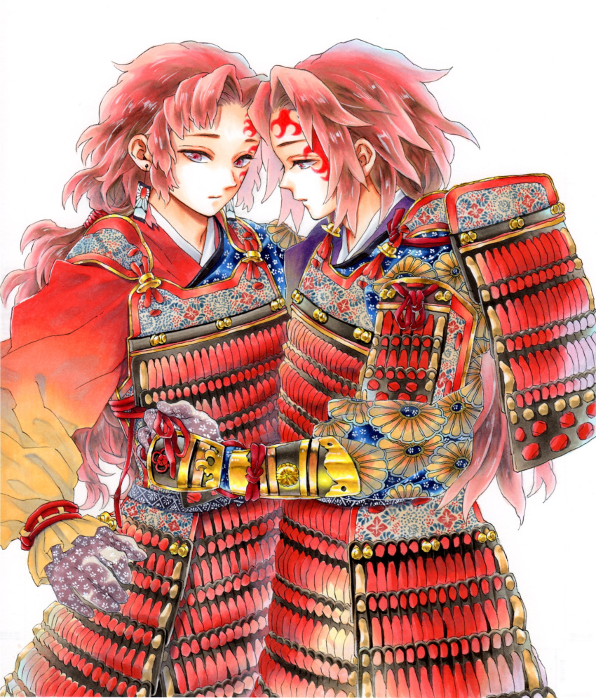 2boys armor brothers closed_mouth cowboy_shot dressing_another earrings eyelashes facial_mark floral_print gloves gradient_clothes highres japanese_armor japanese_clothes jewelry kimetsu_no_yaiba kimono kote kusazuri long_hair long_sleeves looking_at_another looking_at_viewer looking_away low_ponytail male_focus matching_outfit mintiaorion multiple_boys outstretched_arm ponytail profile red_eyes red_theme redhead shoulder_armor siblings simple_background sode tsugikuni_michikatsu tsugikuni_yoriichi twins tying white_background