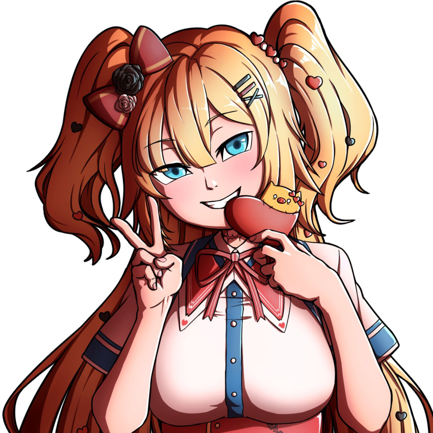 1girl akai_haato blonde_hair blue_eyes bow breasts eyebrows_visible_through_hair eyes_visible_through_hair flower grin haaton_(akai_haato) hair_bow hair_flower hair_ornament hairclip head_tilt heart heart_hair_ornament highres holding hololive large_breasts long_hair mefomefo scar scar_on_neck smile solo two_side_up upper_body v virtual_youtuber x_hair_ornament