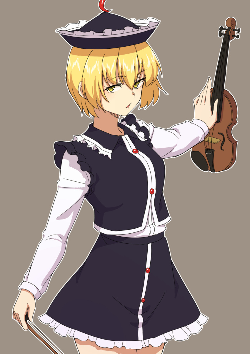 1girl black_headwear blonde_hair bow_(music) brown_background cowboy_shot crescent crescent_hat_ornament eyebrows_visible_through_hair frilled_hat frills hat hat_ornament highres holding holding_instrument instrument kakone long_sleeves lunasa_prismriver music one-hour_drawing_challenge open_mouth playing_instrument shirt short_hair simple_background solo standing touhou violin white_shirt yellow_eyes