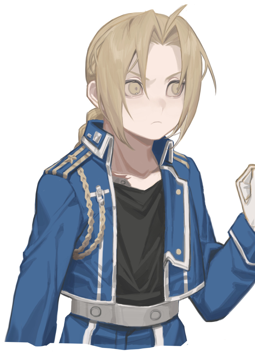 1boy aiguillette amestris_military_uniform arm_at_side automail bangs belt black_shirt blonde_hair blue_jacket braid braided_ponytail cbow closed_mouth edward_elric frown fullmetal_alchemist gloves hair_over_one_eye hand_up highres jacket long_hair long_sleeves looking_away male_focus military military_uniform open_clothes open_jacket parted_bangs shirt sideways_glance simple_background single_braid solo star_(symbol) uniform white_background white_gloves yellow_eyes