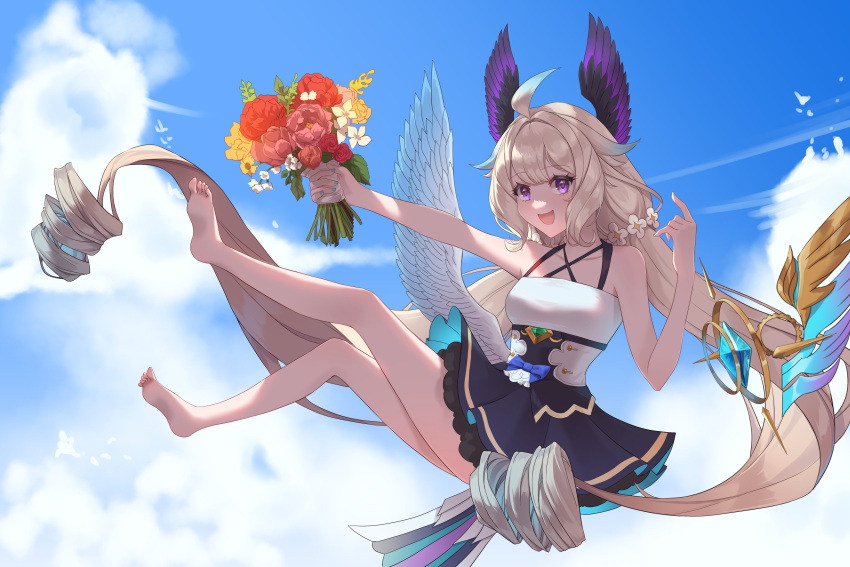1girl absurdly_long_hair absurdres ahoge aqua_nails bangs bare_legs barefoot bird_girl blonde_hair blue_bow blue_dress blue_hair bouquet bow breasts clouds dress enna_alouette flower hair_flower hair_ornament haruniji head_wings highres long_hair looking_at_viewer low_twintails mechanical_wings multicolored_hair nail_polish nijisanji nijisanji_en pink_flower purple_bow purple_dress purple_wings red_flower sky sleeveless small_breasts smile solo twintails very_long_hair violet_eyes virtual_youtuber white_flower wings yellow_flower