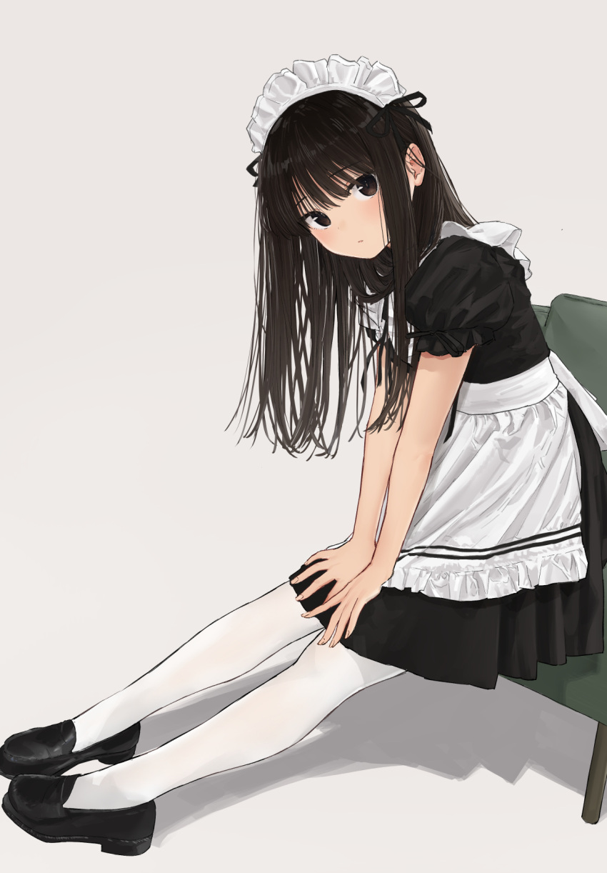 1girl akipeko apron bangs black_hair blunt_bangs blush brown_eyes full_body hands_on_own_knees highres long_hair looking_at_viewer maid maid_apron maid_headdress on_chair original pantyhose parted_lips shadow shoes short_sleeves simple_background sitting solo white_legwear