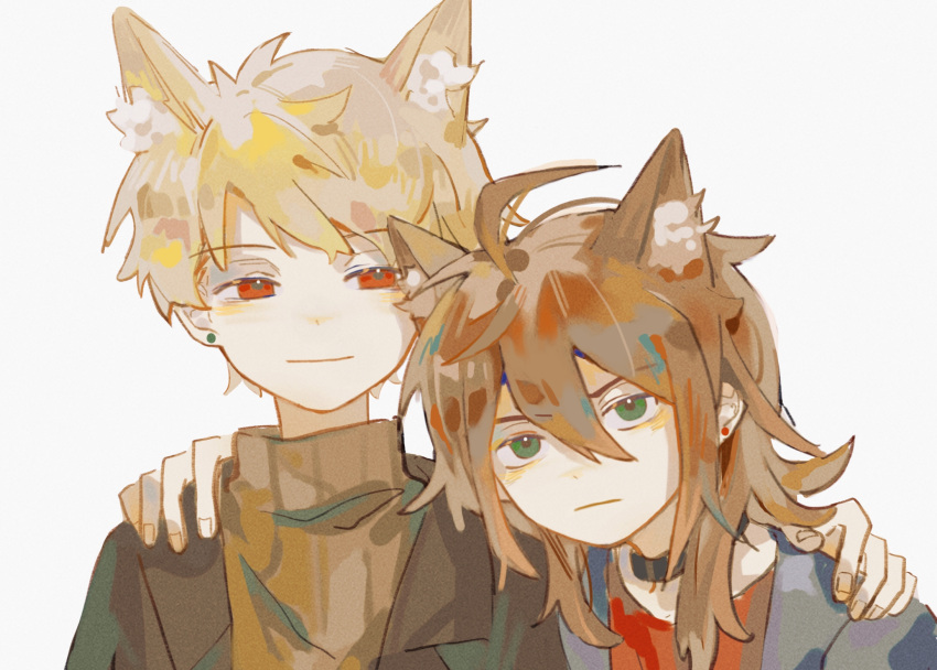 2boys :| ahoge animal_ears atou_haruki black_choker black_jacket blonde_hair blue_jacket brothers brown_hair brown_sweater chinese_commentary choker closed_mouth earrings fox_ears green_eyes hair_between_eyes hand_on_another's_shoulder highres isoi_reiji jacket jewelry male_focus medium_hair melody658 multiple_boys open_clothes open_jacket red_eyes red_shirt ribbed_sweater saibou_shinkyoku sanpaku shirt short_hair siblings simple_background smile suit_jacket sweater v-shaped_eyebrows white_background