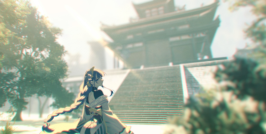 1girl bangs blurry blurry_background braid building closed_mouth day genshin_impact hair_ornament highres japanese_clothes long_hair long_sleeves looking_at_viewer mole mole_under_eye nuime_(nuishiron) outdoors raiden_shogun single_braid solo stairs tree upper_body very_long_hair wide_sleeves