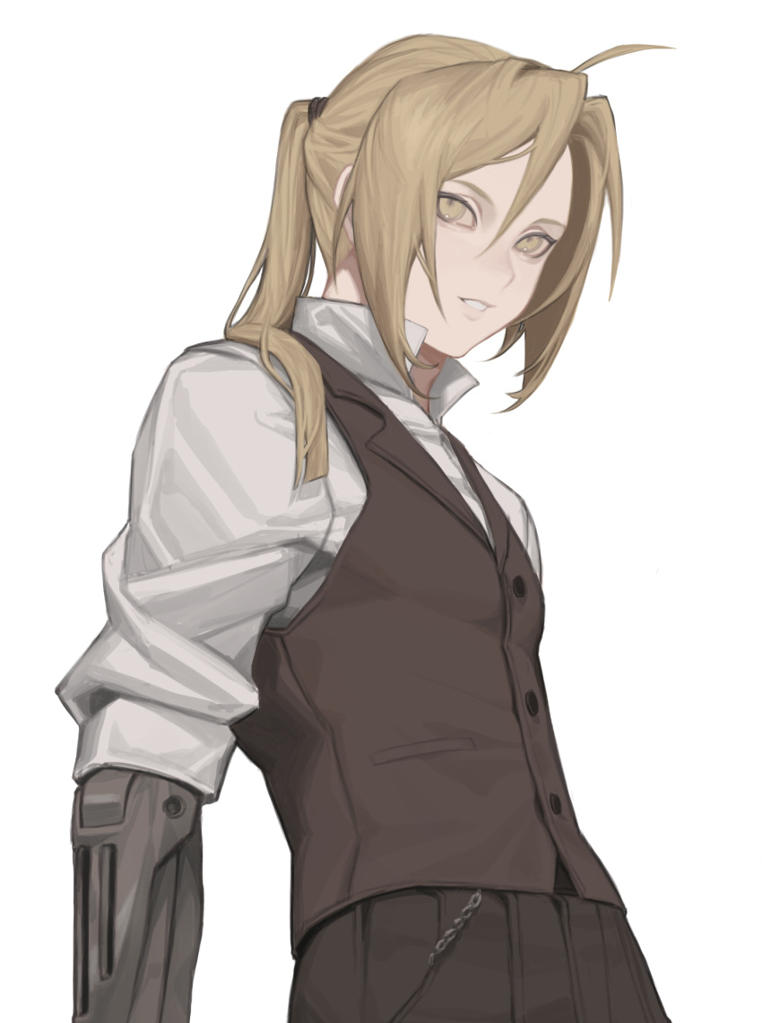 1boy :d ahoge arm_at_side automail bangs black_vest blonde_hair cbow chain collared_shirt edward_elric from_below fullmetal_alchemist hair_between_eyes hair_over_shoulder highres long_hair looking_at_viewer male_focus mechanical_arms parted_bangs ponytail shirt single_mechanical_arm sleeves_pushed_up smile solo vest white_background white_shirt yellow_eyes
