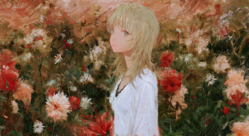 1girl blonde_hair flower highres looking_at_viewer original painting_(medium) plant portrait red_flower shirt solo traditional_media wang-xi white_shirt