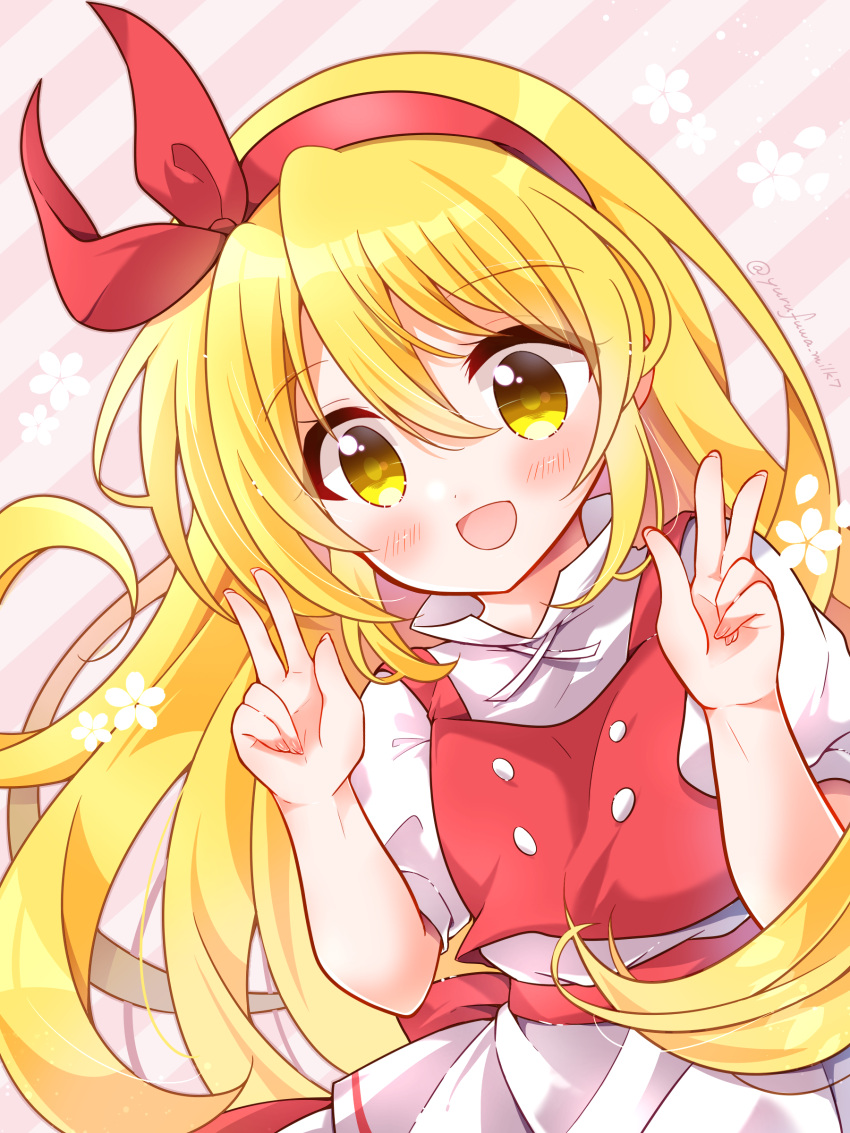 1girl absurdres apron bangs blonde_hair blush bow buttons commentary_request double_v ellen_(touhou) eyebrows_visible_through_hair hair_bow hairband happy head_tilt highres long_hair looking_at_viewer open_mouth puffy_short_sleeves puffy_sleeves red_bow red_hairband red_skirt red_vest shirt short_sleeves skirt touhou touhou_(pc-98) turtleneck upper_body v very_long_hair vest waist_apron white_apron white_shirt yellow_eyes yurufuwa_milk