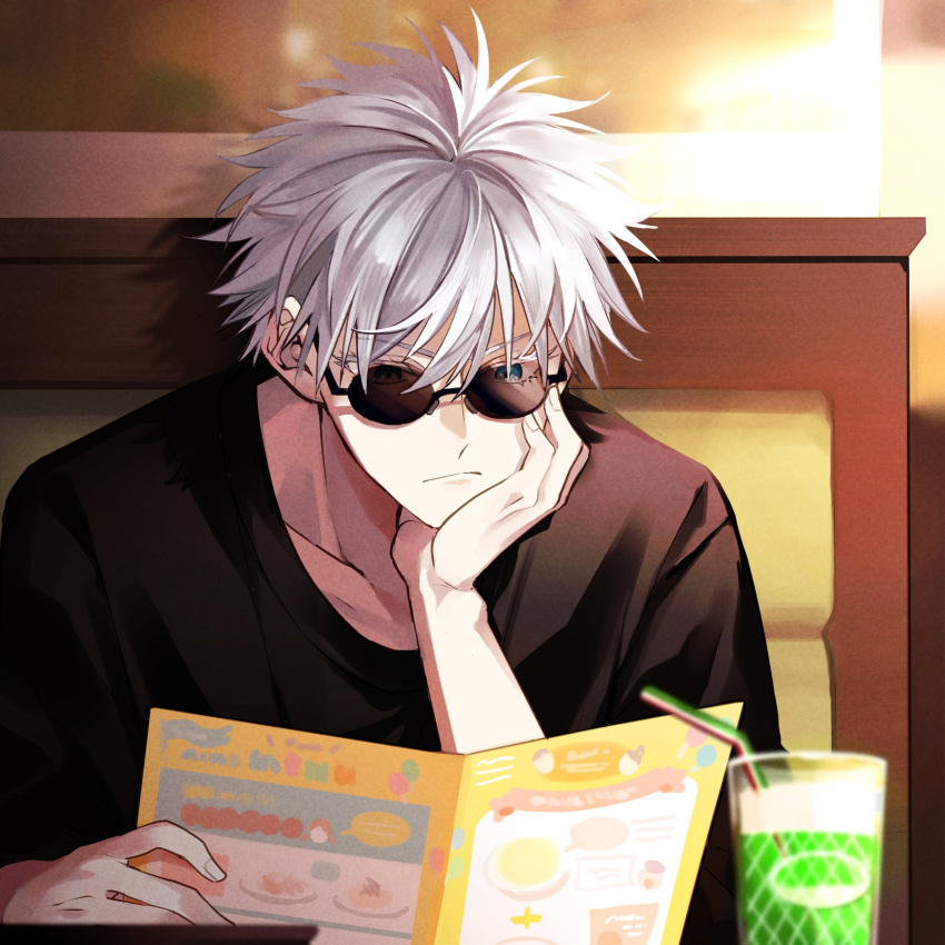 1boy absurdres accelerando bangs black_shirt blue_eyes closed_mouth cup drinking_straw frown gojou_satoru hair_between_eyes head_rest highres holding indoors jujutsu_kaisen male_focus menu round_eyewear shirt short_hair solo sunglasses upper_body white_hair