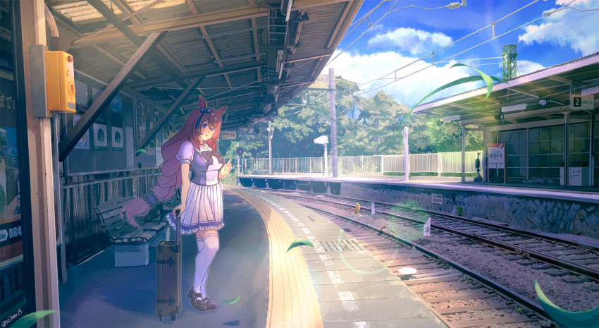1girl bangs bench bird blue_bow blue_sky blush bow bowtie braid braided_ponytail breasts brown_footwear brown_hair clouds commentary_request day frilled_skirt frills full_body grass hair_between_eyes hair_bow highres horse_girl horseshoe_ornament large_breasts long_hair looking_at_viewer luggage miniskirt open_mouth outdoors over-kneehighs pleated_skirt puffy_short_sleeves puffy_sleeves purple_bow purple_bowtie purple_shirt reihou19 school_uniform shirt shoes short_sleeves skirt sky smile solo summer_uniform super_creek_(umamusume) thigh-highs tracen_school_uniform train_station tree umamusume very_long_hair white_legwear white_skirt