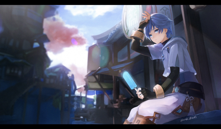 1boy anna_(drw01) bangs black_bodysuit blue_eyes blue_hair bodysuit building chongyun_(genshin_impact) clouds commentary_request day food genshin_impact highres holding letterboxed male_focus outdoors popsicle sky solo sweat tassel town twitter_username vision_(genshin_impact)