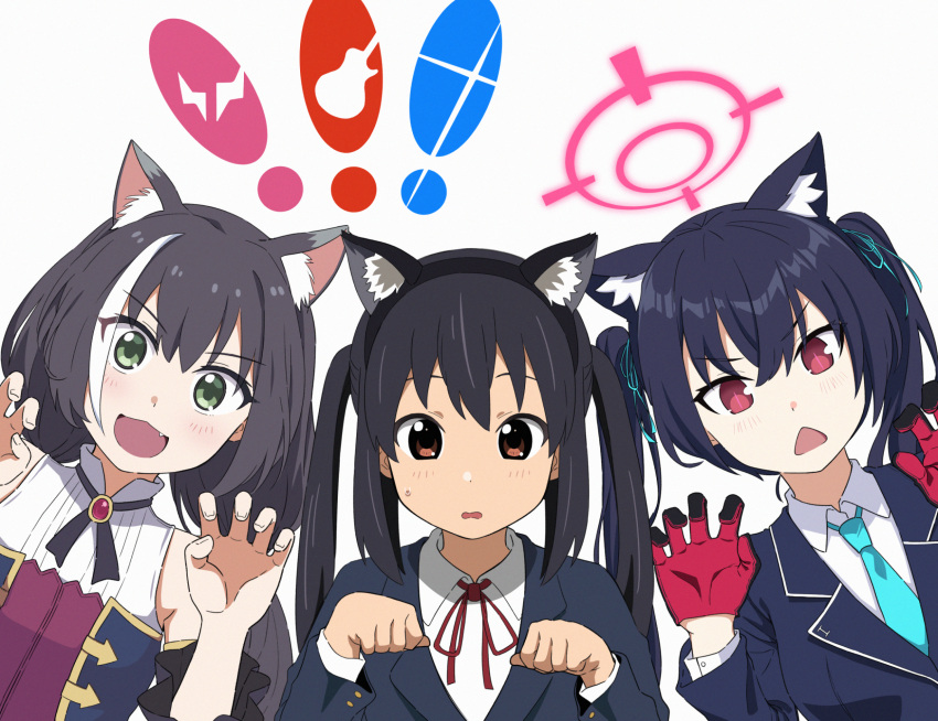 3girls :3 :d animal_ears bangs black_hair blazer blue_archive bow bowtie brown_eyes cat_ears cat_girl claw_pose collared_shirt commentary_request crossover detached_sleeves eyebrows_visible_through_hair eyes_visible_through_hair fake_animal_ears green_eyes hair_between_eyes hair_bow hair_ribbon hairband halo highres jacket k-on! karyl_(princess_connect!) long_hair long_sleeves looking_at_viewer low_twintails multicolored_hair multiple_crossover multiple_girls nakano_azusa necktie parted_lips paw_pose princess_connect! red_eyes ribbon school_uniform serika_(blue_archive) shirt sidelocks simple_background smile streaked_hair sweatdrop trait_connection triangle_mouth twintails two-tone_gloves v-shaped_eyebrows white_background xion_(pulilulu)