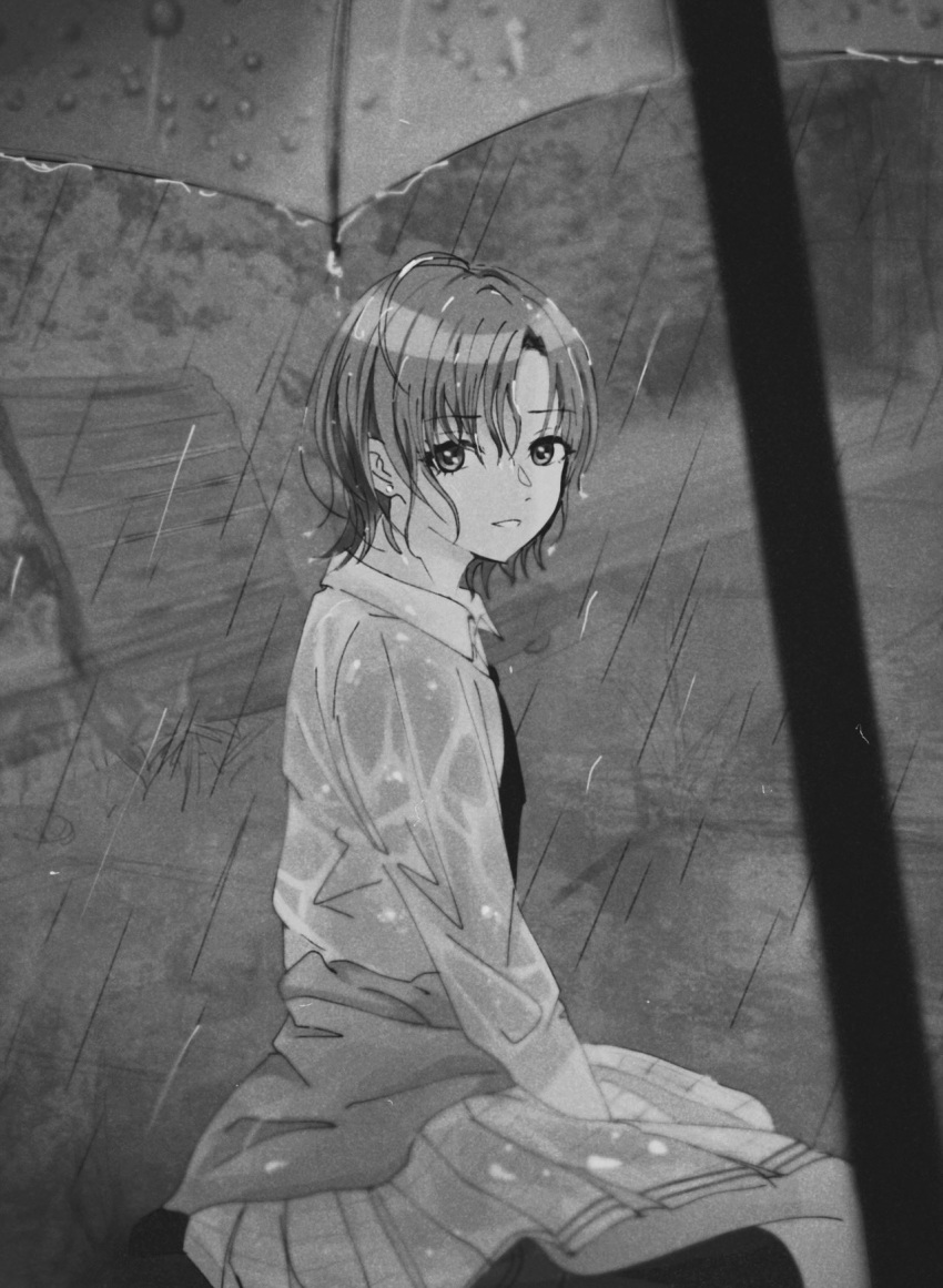 1girl asakura_toru bangs bench cardigan cardigan_around_waist clothes_around_waist earrings greyscale highres idolmaster idolmaster_shiny_colors jewelry looking_at_viewer looking_to_the_side monochrome on_ground outdoors parted_bangs pov rain school_uniform sitting solo stud_earrings umbrella wariza water_drop wet wet_clothes wet_hair yubeshi_(2cqxd99h)