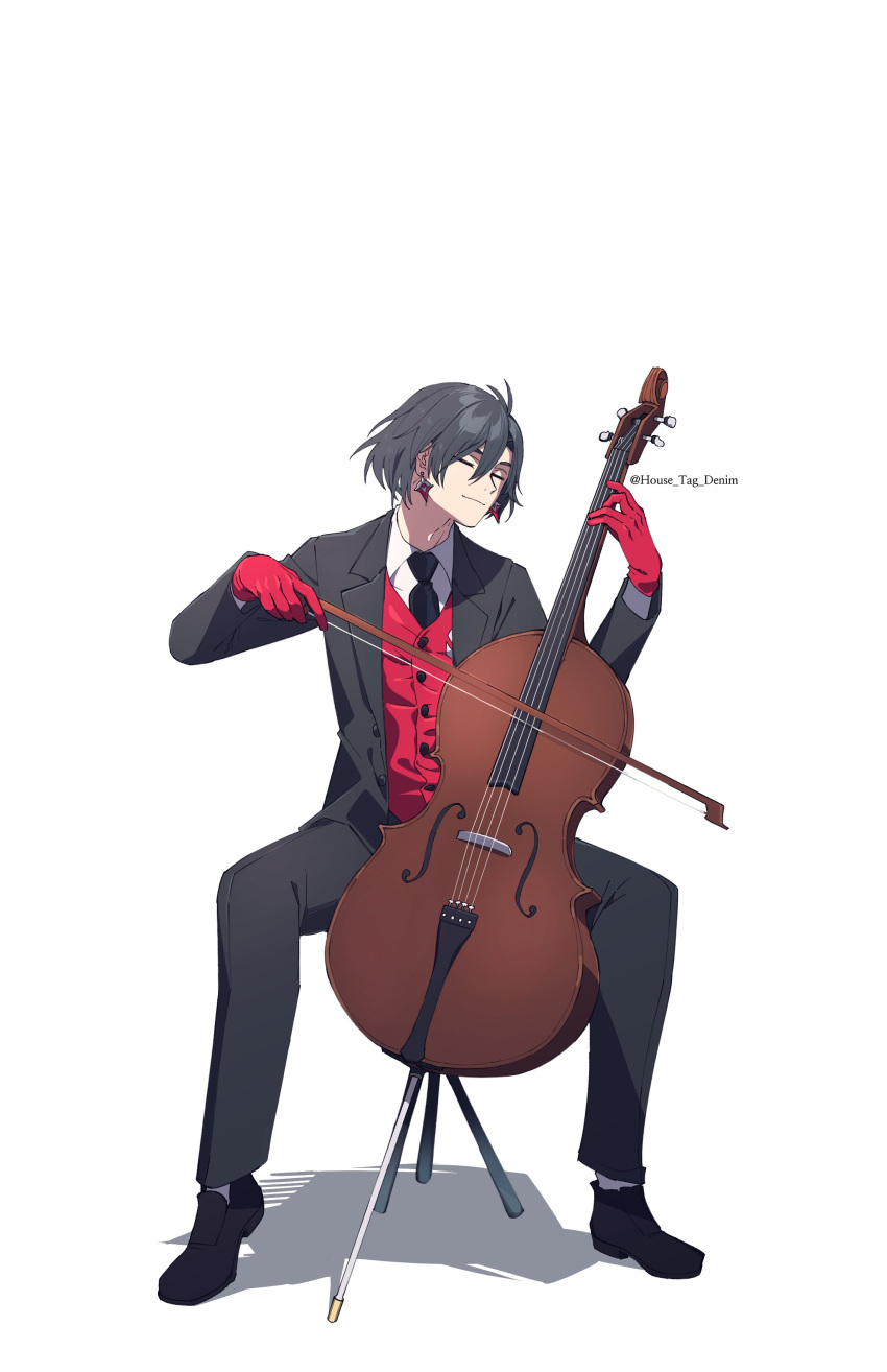 1boy absurdres black_hair black_jacket black_necktie black_pants black_suit cello closed_eyes collared_shirt commentary constantine_xi_(fate) earrings english_commentary fate/grand_order fate_(series) formal full_body gloves hair_between_eyes highres house_tag_denim instrument jacket jewelry male_focus music necktie pants playing_instrument red_gloves red_vest shadow shirt short_hair simple_background sitting smile solo suit suit_jacket twitter_username vest white_background white_shirt