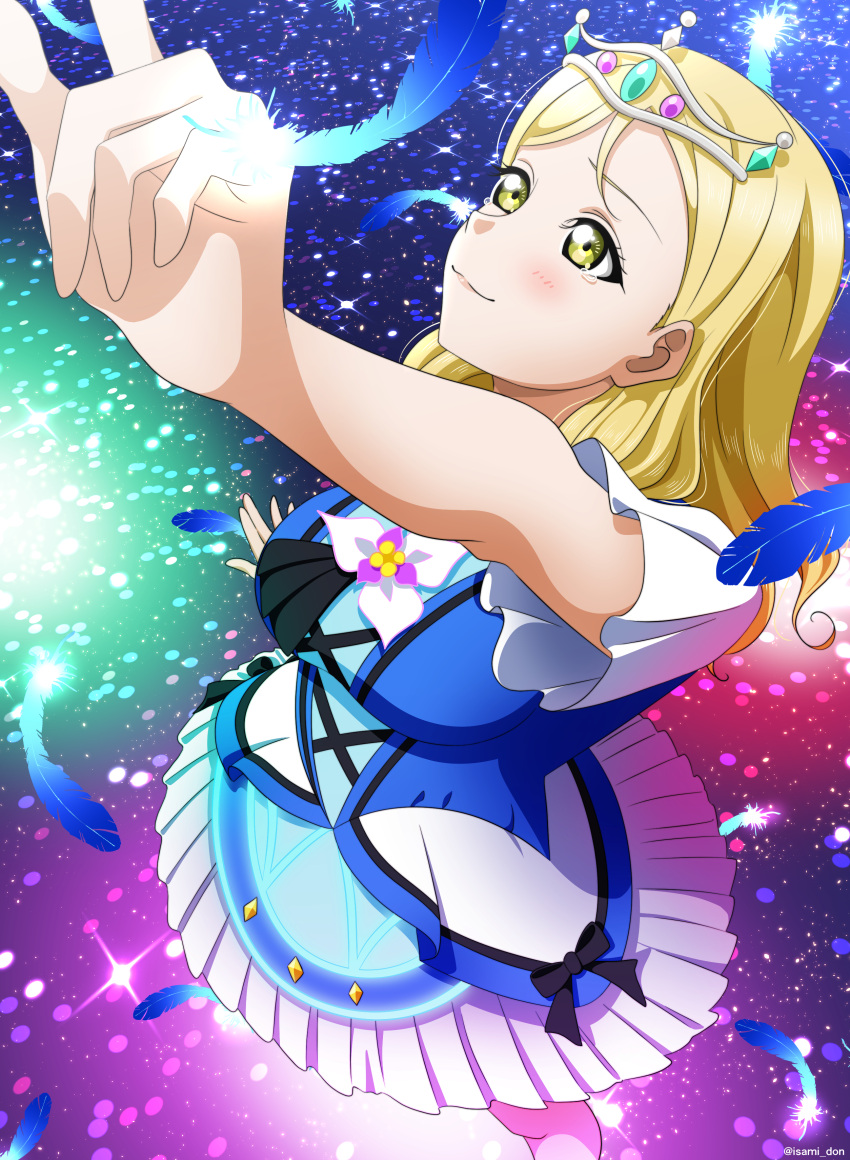 1girl absurdres arm_up artist_name blonde_hair blue_feathers blush breasts closed_mouth commentary feathers frilled_sleeves frills highres idol isami_don love_live! love_live!_sunshine!! medium_breasts medium_hair ohara_mari pointing pointing_up short_sleeves smile solo tearing_up tears tiara water_blue_new_world yellow_eyes