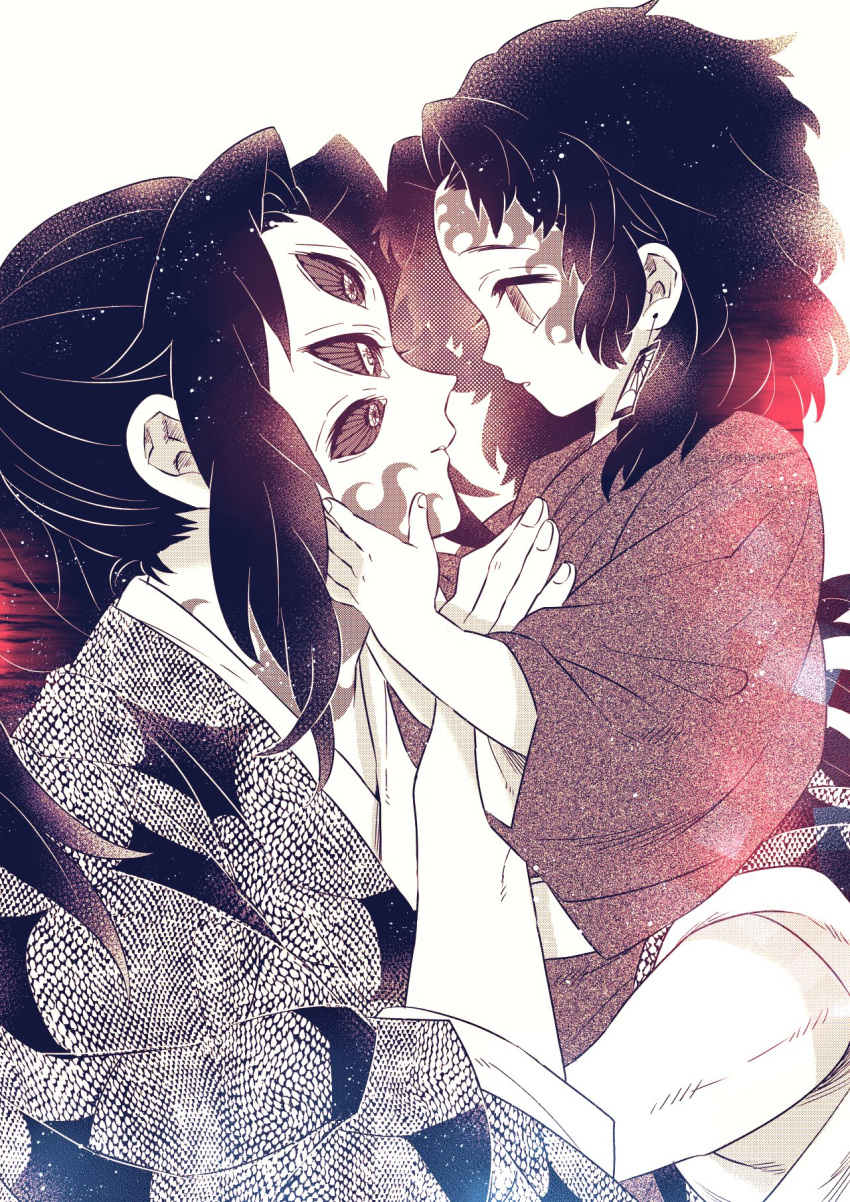 2boys carrying child child_carry earrings extra_eyes eye_contact face-to-face facial_mark hand_on_another's_chest hand_on_another's_face highres japanese_clothes jewelry kimetsu_no_yaiba kimono kokushibou long_sleeves looking_at_another male_child male_focus mintiaorion monochrome multiple_boys ponytail profile simple_background time_paradox tsugikuni_yoriichi younger