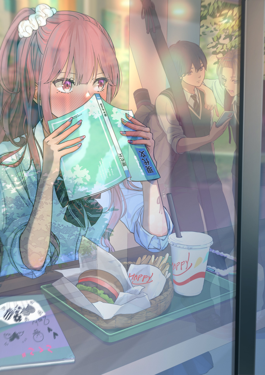 1boy 2girls absurdres blue_nails blush book bow bowtie brown_hair burger cellphone covering_face cup disposable_cup dress_shirt drinking_straw fast_food food french_fries gyaru hair_over_breasts hair_over_shoulder half_updo highres holding holding_book holding_phone leaning_on_person long_hair looking_at_another looking_at_phone loose_bowtie macaronk mole mole_under_eye multicolored_nails multiple_girls nail_polish necktie notebook on_shoulder original pants peeping phone pink_eyes pink_nails plaid plaid_bow plaid_bowtie ponytail reflection school_uniform scrunchie shirt sleeves_rolled_up smartphone tray vest window