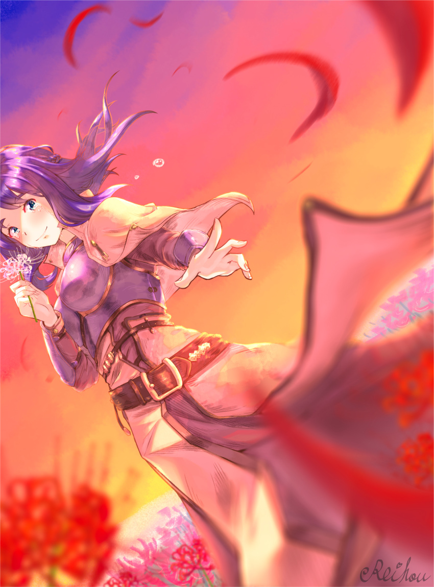 1girl bangs belt blue_eyes blush brown_belt brown_capelet brown_dress capelet chest_guard closed_mouth commentary_request crying crying_with_eyes_open dress egnigem_cenia eyebrows_visible_through_hair feet_out_of_frame flower highres holding holding_flower long_hair looking_at_viewer purple_hair ragnarok_masters ragnarok_online red_flower reihou19 signature smile solo spider_lily swordsman_(ragnarok_online) tears upper_body white_flower