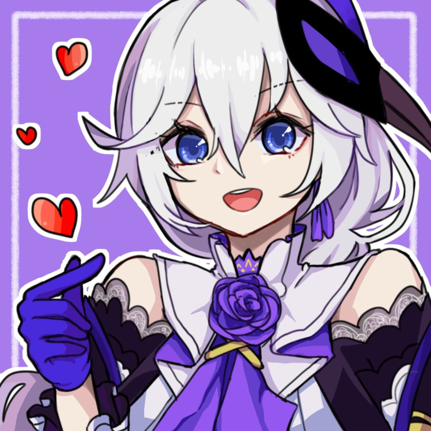 1girl :d bangs bare_shoulders black_jacket blue_eyes braid braided_ponytail finger_heart gloves heart highres honkai_(series) honkai_impact_3rd jacket kallen_kaslana kallen_kaslana_(sixth_serenade) long_hair long_sleeves looking_at_viewer mask open_mouth portrait purple_background purple_gloves rye_(beak_rie) smile solo white_hair