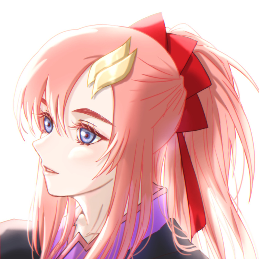 1girl bangs blue_eyes bow collarbone gundam gundam_seed gundam_seed_destiny hair_between_eyes hair_bow hair_ornament hairclip highres lacus_clyne long_hair masu_baaaba parted_lips pink_hair ponytail portrait red_bow simple_background sketch solo white_background